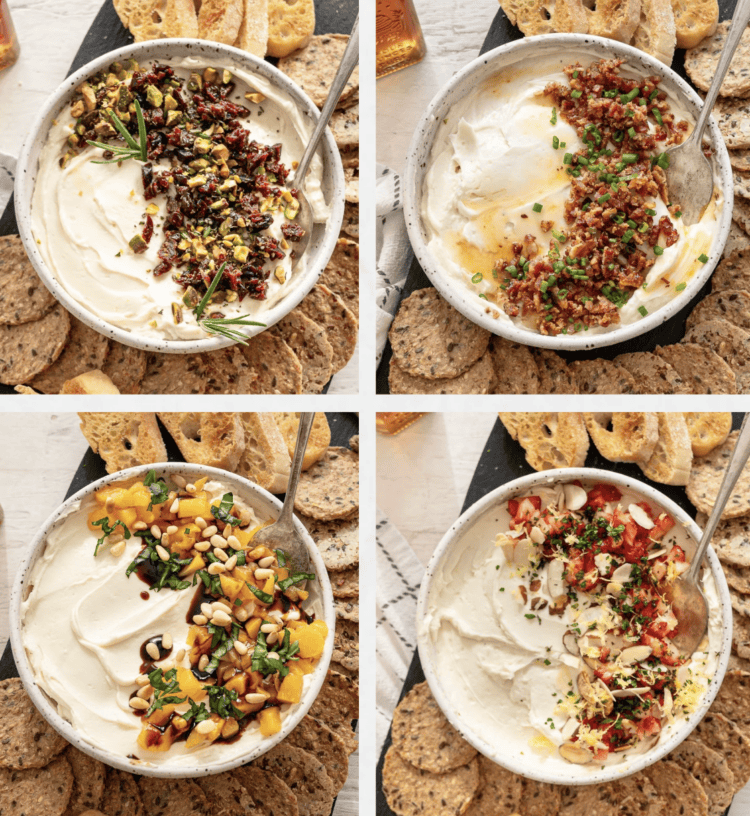 Four bowls of different variations of Honey Whipped Goat Cheese served with sliced baguettes.